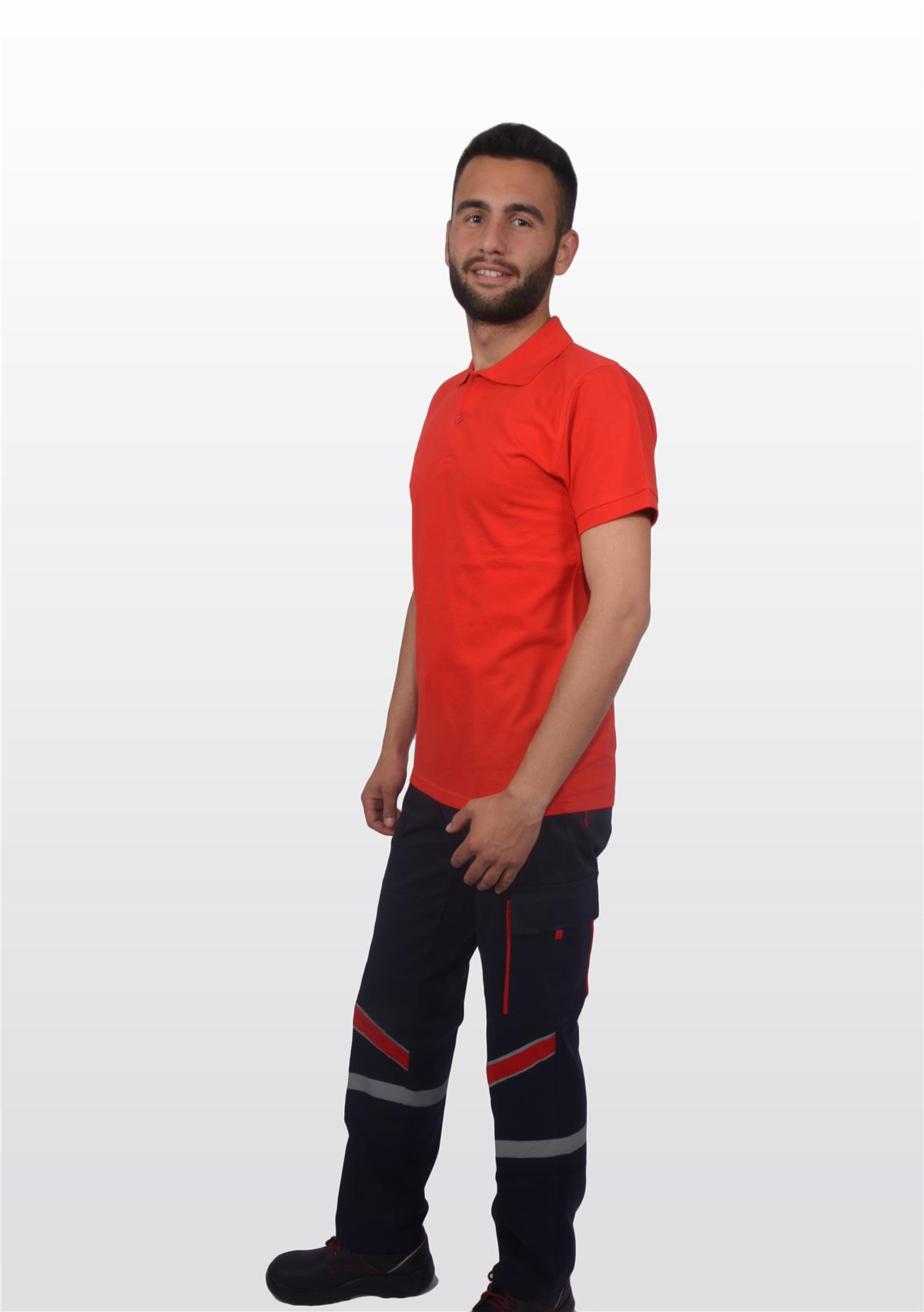 İş Pantolonu Modelli Reflektörlü 5 Cep T-Shirt Kırmızı Polo Yaka Slimfit İş Ayakkabısı